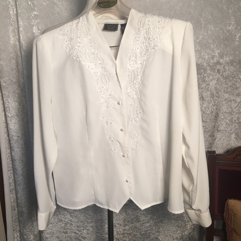 Laura Scott White Embroidered lace collar Long sleeves Blouse Size 12P Vintage